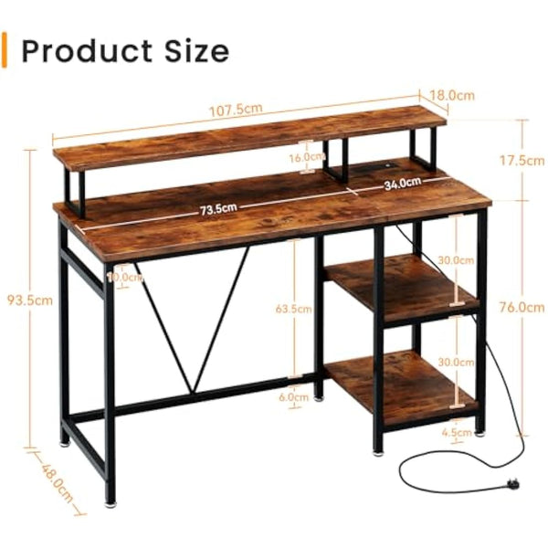 Dripex Computer Desk with Power Outlet, 107.5cm Reversible Desk with Long Monitor Stand, Storage Shelves, Hooks, Work Writing Gaming Table for Home Office