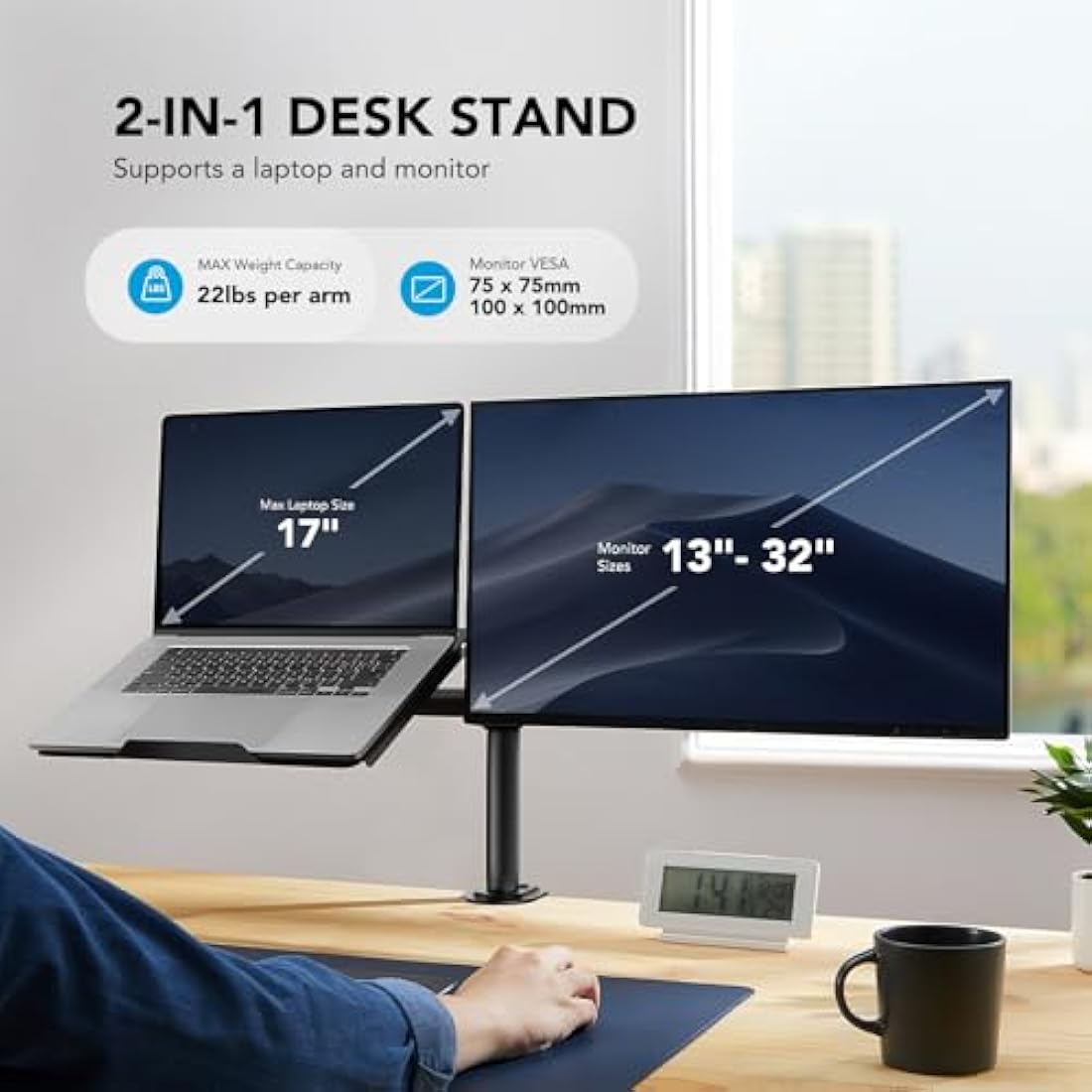 HUANUO Monitor Arm with Laptop Tray for 13 to 32 Inch Screen & 17 Inch Notebook, Monitor and Laptop Stand, Monitor Arm Desk Mount Fits VESA 75 / 100