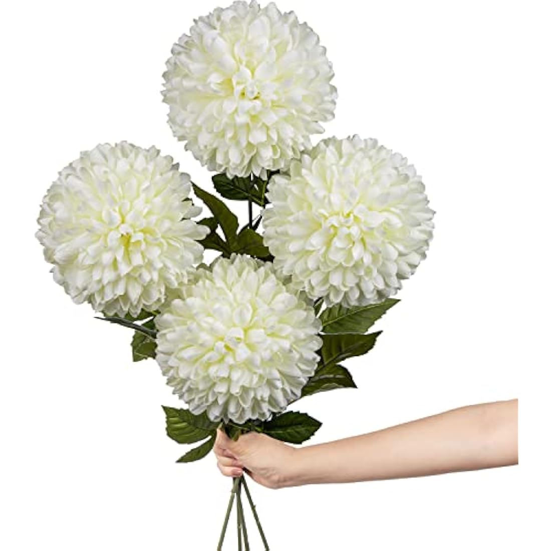 6'' Large Artificial Chrysanthemum Flowers with 25.6'' Long Stem, 4 pcs White Fake Silk Flowers Faux Ball Flowers for Home Decor, Bridal, Wedding, Party, Garden, Floral Arrangement
