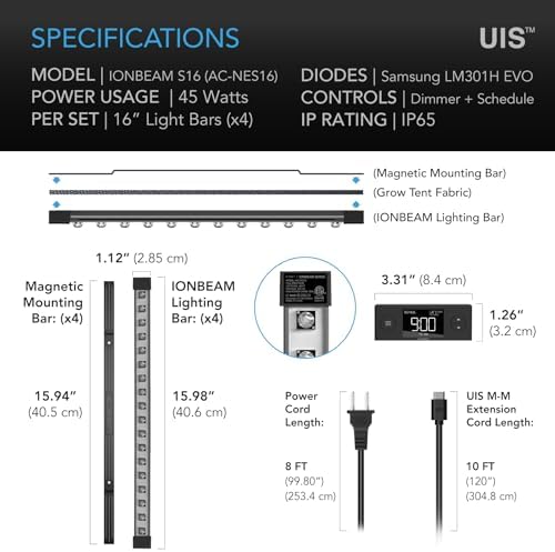AC Infinity IONBEAM S16, Full Spectrum LED Grow Light Bars 41cm Deeper Penetration Samsung LM301H EVO Diodes Digital Dimming Timer Controller for Veg Bloom Indoor Plants Grow Tents Greenhouses 16-Inch