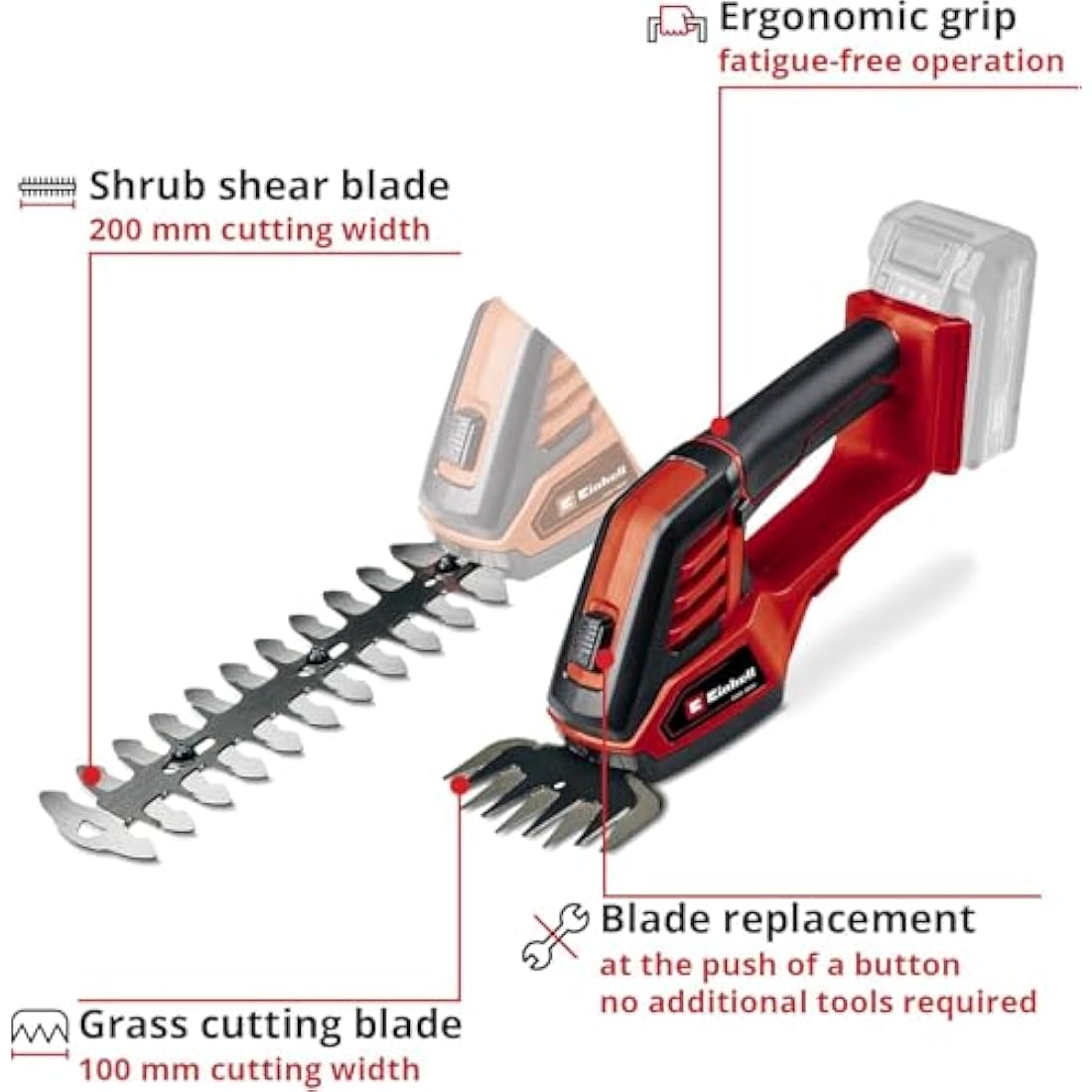 Einhell Power X-Change 18V Cordless Electric Shears - 2 Blade System For Cutting Grass, Brushes And Shrubs - GE-CG 18/100 Li Solo (Battery Not Included)