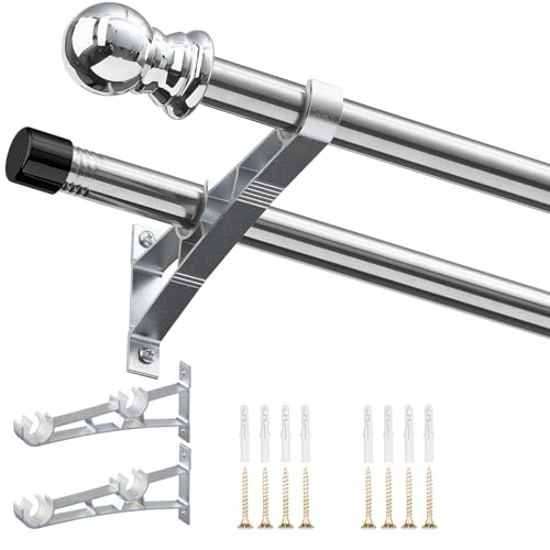 INFLATION Double Curtain Rods for Windows 76-330 cm, 2.5 cm Heavy Duty Double Window Rods - Adjustable Decorative Silver Curtain Rod for Sliding Glass