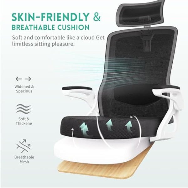 Ergonomic Office Chair, S-Shaped Mesh Desk Chairs, Adjustable Headrest & Lumbar Support, 90°Flip-Up Armrest, Breathable High Back & Widened Cushion, Swivel Computer Chair for Home/Study/Office