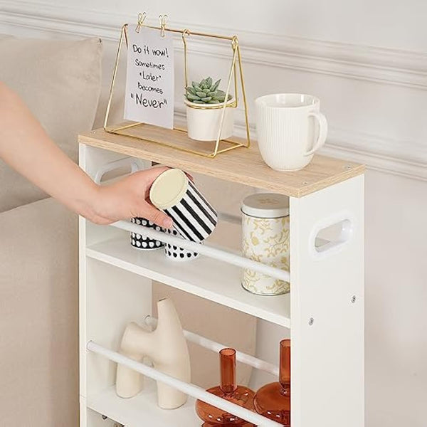 HOOBRO Slim Storage Trolley, Narrow Kitchen Cart, Slide Out Kitchen Trolley on Wheels, 4-Tier Rolling Utility Cart with Handle, for Small Space, Bathroom, Living Room, White and Natural EWN15TC01