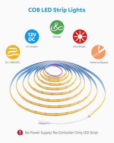 Aclorol COB Led Strip Light 5M 12V Led Strip Lights Warm White 3000K 1600Leds CRI85+ Flexible Tape Lighting for Bedroom TV Party Home Indoor Decor(Power Supply& Dimmer Not Included)