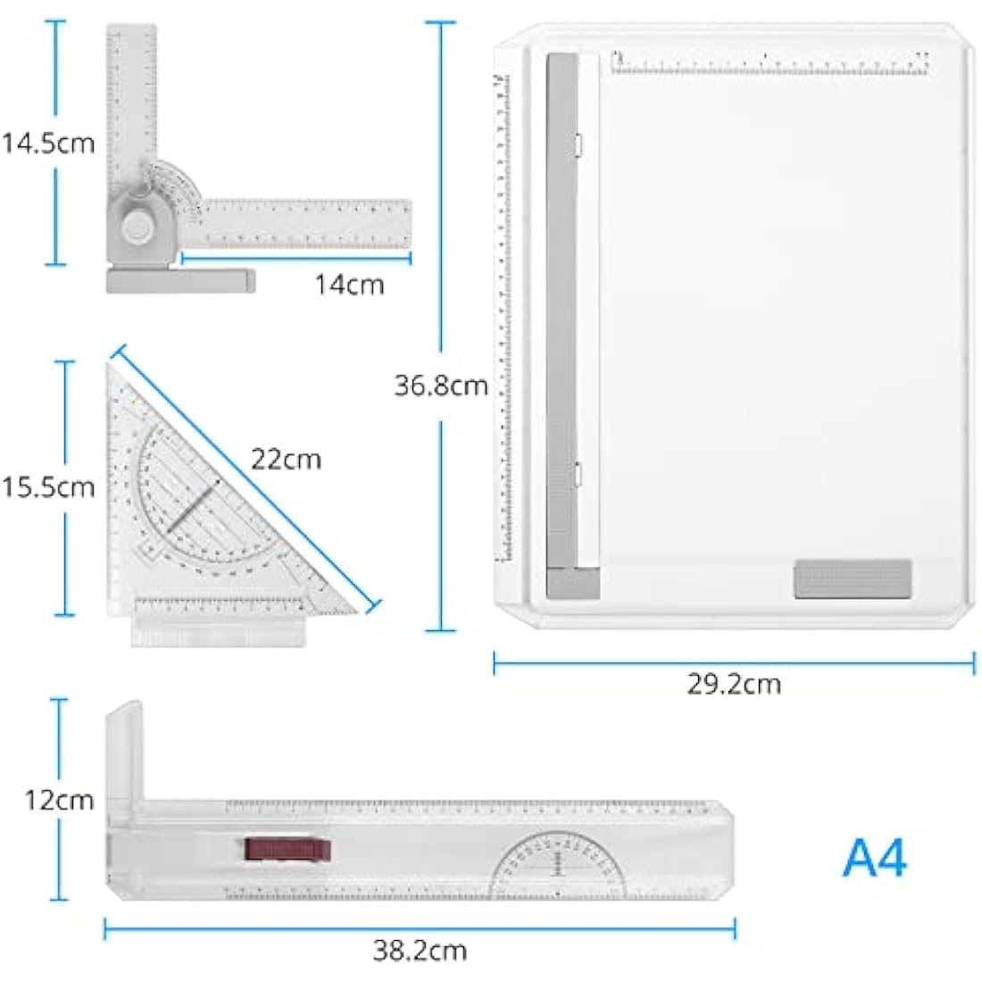 eSynic A4 Drawing Board Set A4 Multifunction Drafting Table Adjustable Measuring System Angle Parallel Motion Drawing Board with Protractor, Paper Locator, Sliding Ruler, Anti Slip Support Leg