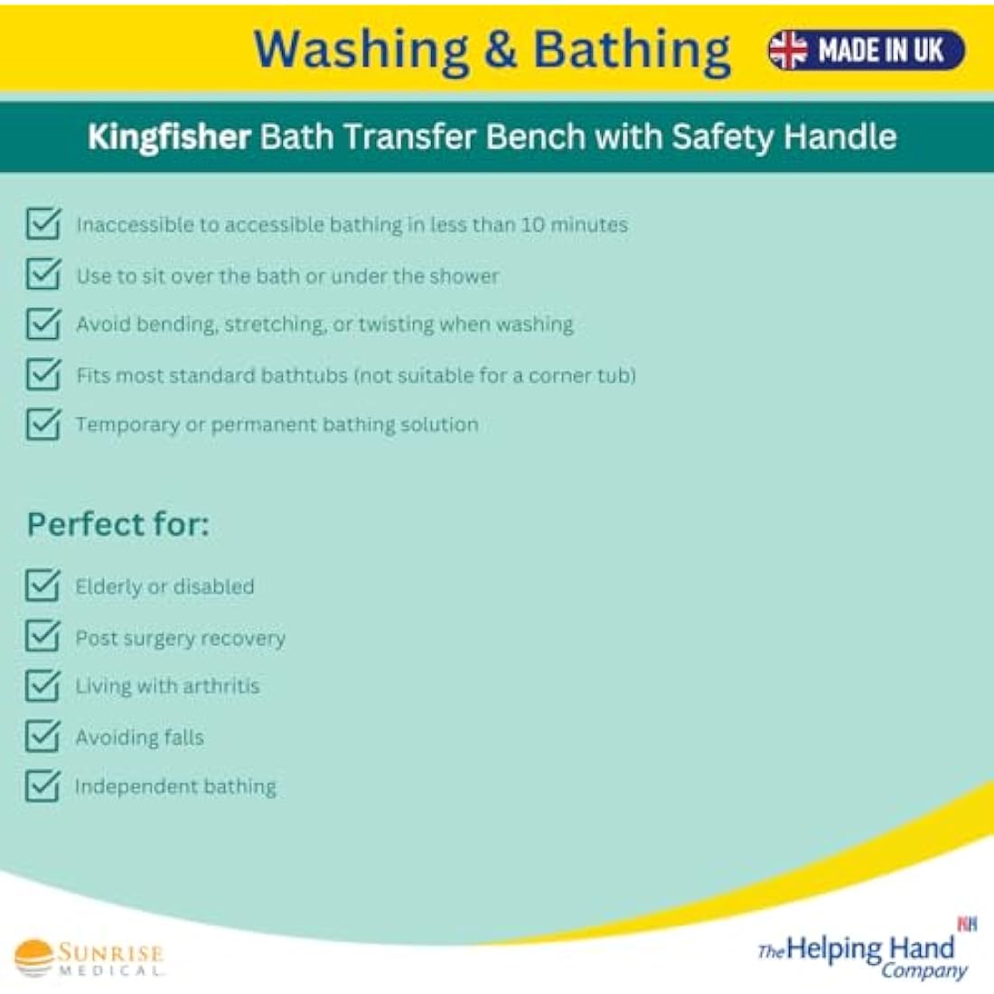 Helping Hand Kingfisher White Plastic Bath Board with Handle. Bath Board for Elderly and Disabled Users. Adjustable to Fit 16"-24" Width Baths. 200kg / 31 Stone Weight Limit