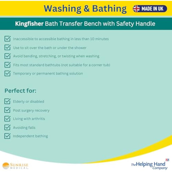 Helping Hand Kingfisher White Plastic Bath Board with Handle. Bath Board for Elderly and Disabled Users. Adjustable to Fit 16"-24" Width Baths. 200kg / 31 Stone Weight Limit