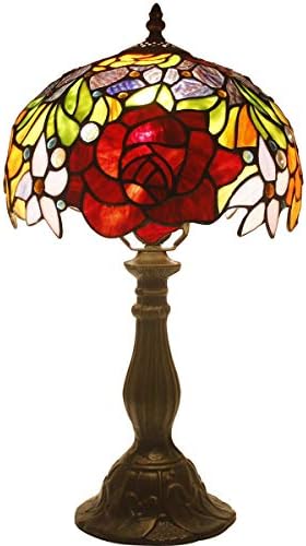 4MYHOME Tiffany Style Table Lamp Stained Glass Bedside Lamp Red Rose Desk Reading Light 10X10X18 Inches Decor Bedroom Living Room Home Office S001 Series