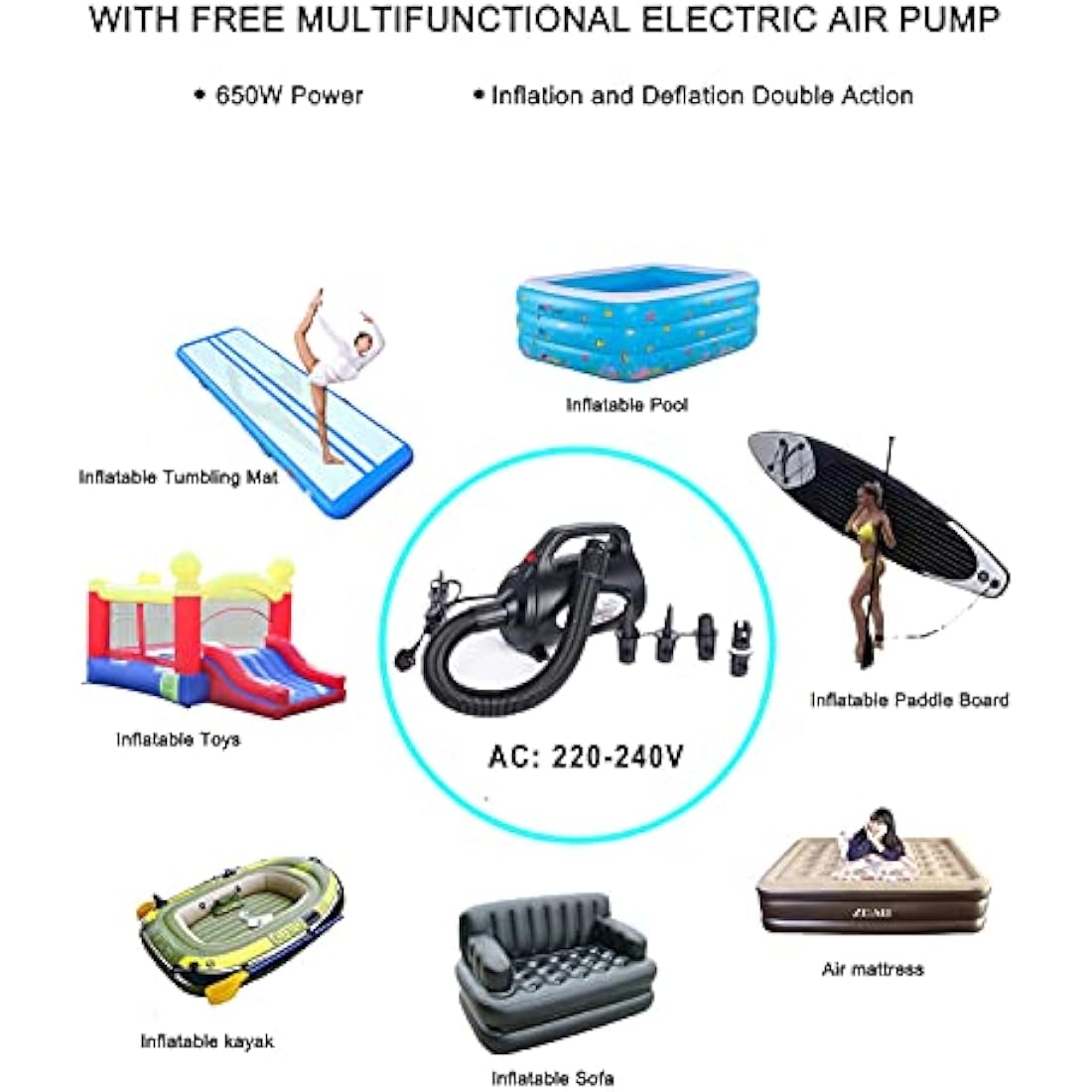 JOOLOOG Premium Air Tumbling Gymnastics Mat 2M 3M 4M 5M 6M Inflatable Air Tumble Mat for Kids Gymnastics Thick 10cm/20cm with 650W Electric Air Pump