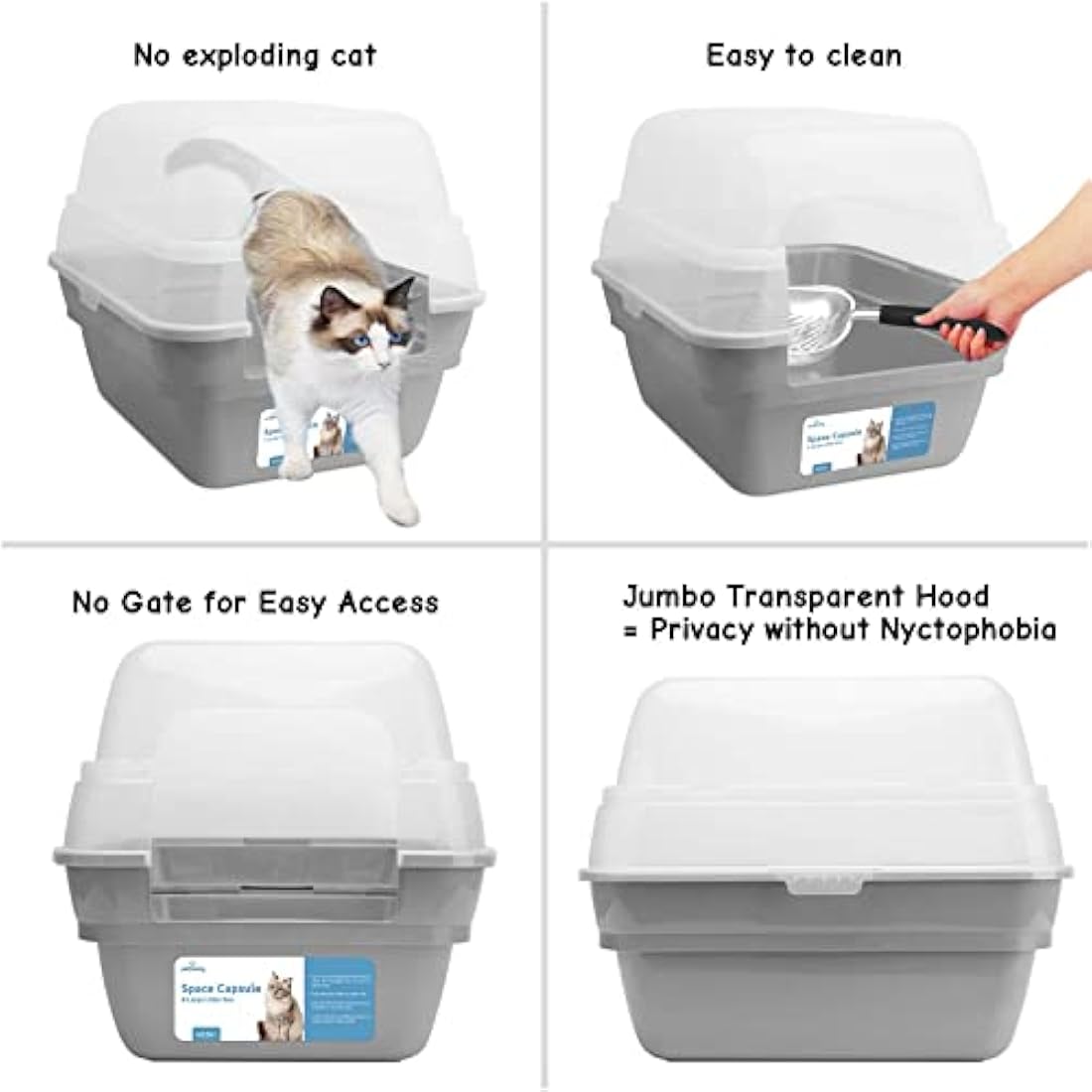 Petfamily Cat Litter Box with Hood - 3-in-1 Foldable cat litter Tray with Transparent Cover, Large Hooded Cat Toilet with Anti-Leak Design, Spacious Covered Litter Pan for Multiple Cats Grey