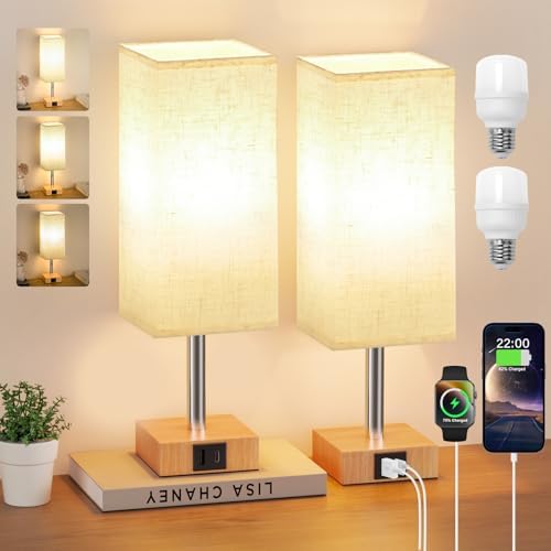 Aooshine Bedside Lamps Set of 2, 3-Way Dimmable Table Lamp with USB-C+A Charging Ports,Lamps for Bedroom with Linen Fabric Shade(Bulbs Included)