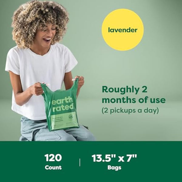 Earth Rated Dog Poo Bags with Handles, Easy Tie and Guaranteed Leakproof, Lavender Scented, 120 Handle Bags
