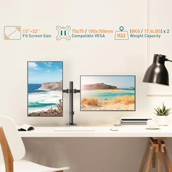 ELIVED Dual Monitor Arms for 13-32 inch LED LCD Screens, Flat/Curved, VESA 75/100mm, Adjustable Height, Tilt & Swivel, Up to 8KG, EV002