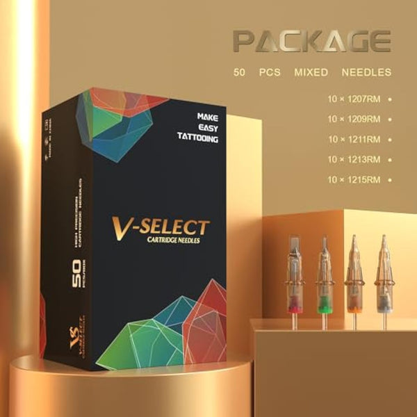 EZ Tattoo Cartridge Needles Assorted - 50Pcs #12 Mixed (7RM 9RM 11RM 13RM 15RM) Standard Curved/Round Magnum Tattoo Needles Cartridges for Tattoo Pen Machine Gun - V SELECT