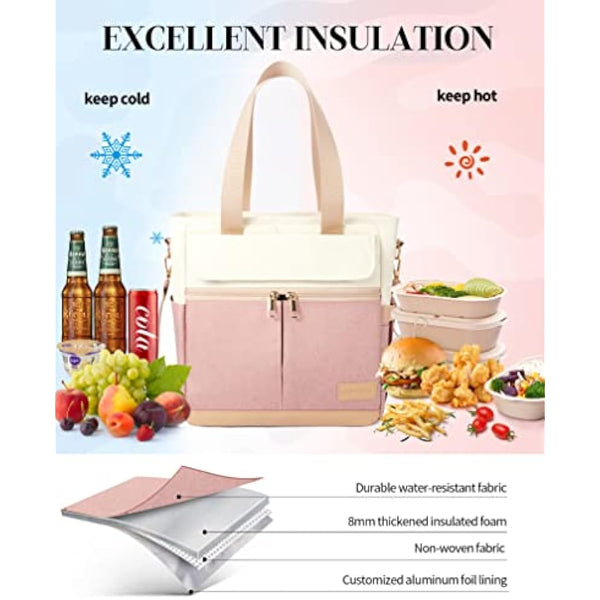 JOYHILL Lunch Bag for Women, Leakproof Insulated Lunch Box with Shoulder Strap, Adult Reusable Lunch Cooler Tote Bags for Work Picnic Camping School Beach, Pink