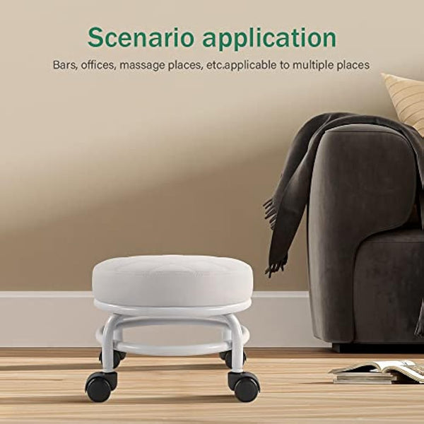 FURWOO Roller Seat PU Leather Low Round Rolling Floor Stool with Universal Caster Wheels for Home Fitness Sport Pedicure Stool, H：25.5cm(White)