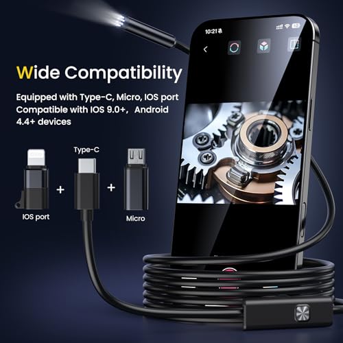 FORKODA Endoscope Inspection Camera - 1920 HD Flexible Rigid Snake Inspection Camera, 8 LED Lights Adjustable IP67 Waterproof Probe Drain Endoscope Camera for Android and iOS(16.4 ft/ 5m)