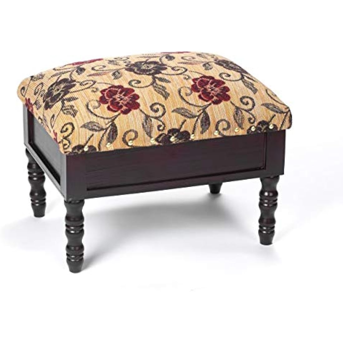 Floral Fabric Footstool with Storage Compartment and Padded Lid – Upholstered Ottoman for Living Room Comfort and Organisation with Dark Wood Classic Finish