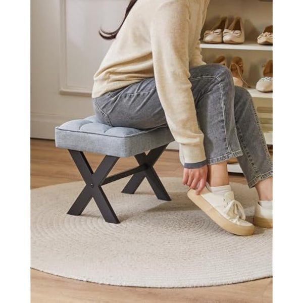 IBUYKE Small 12" H Footrest Stool, Square Linen Foot Stool with Metal X-Leg, Multi-Use as Small Side Table, Step Stool for Living Room, Bedroom, Entryway, Office, Blue Gray WBD011L