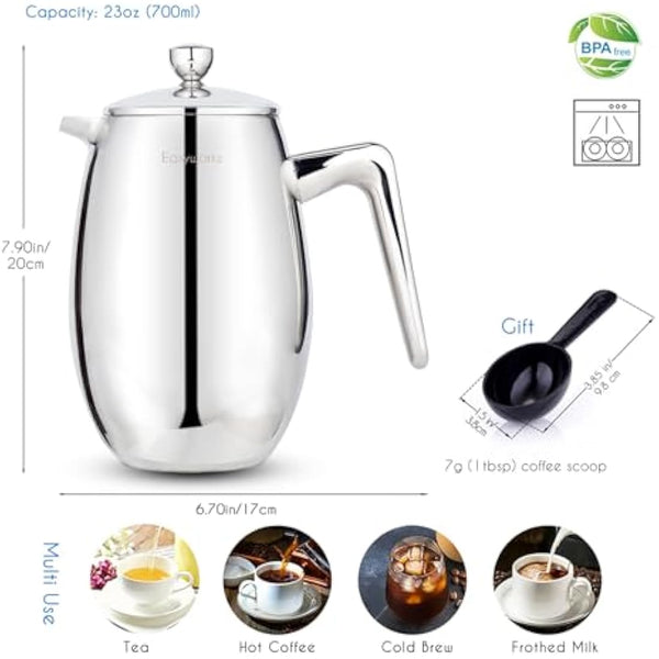 Easyworkz Nando Double Wall French Press Coffee Maker 700ml Stainless Steel Insulated Thermal Cafetiere