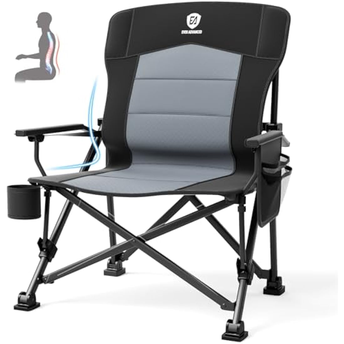 EVER ADVANCED Oversized Folding Camping Chair for Adults with Adjustable Lumbar Support, Heavy Duty Chair with Side Pockets, Portable Collapsible Quad Chairs for Outside, Support Up to 230KG,Black
