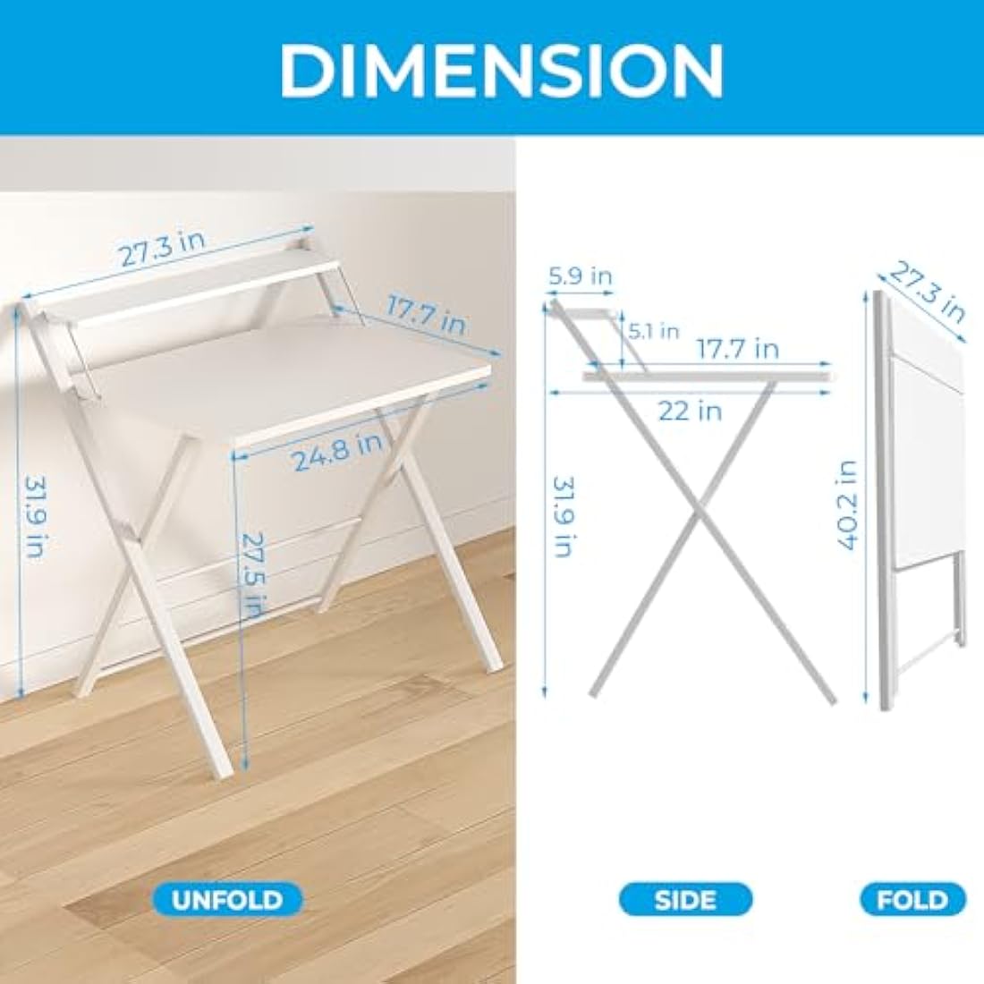 GreenForest Foldable Desk No Assembly Required,Small Desk with Monitor Shelf,Computer Desk for Small Space,White