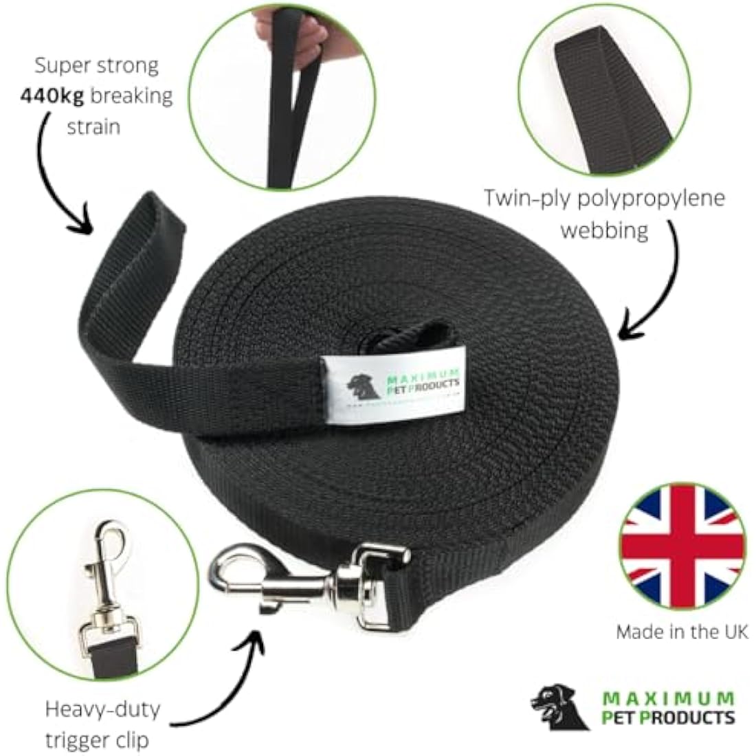 Maximum Pet Products Dog Training Lead (100ft/30m, Black)