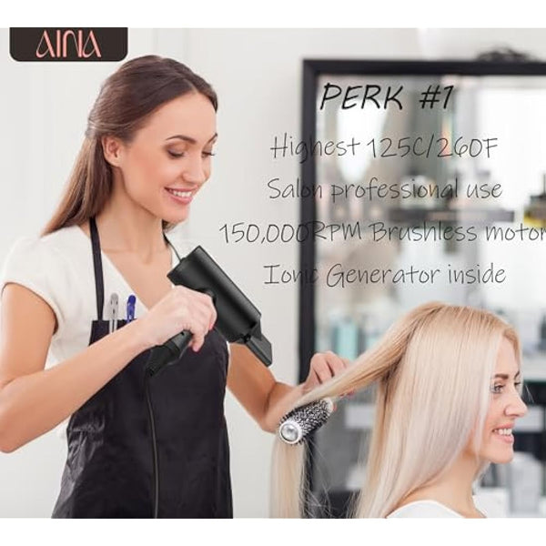 AINA Professional Salon Hair Dryer,2300W Blow Dryer with Diffuser Brush Comb for Women-BLDC Hair Dryer-Brushless Motor 150,000 RPM,Ionic,LED Display,4 Magnetic Attachments (Black)