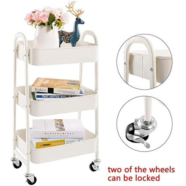 DOEWORKS Storage Trolley on Wheels Kitchen Trolleys Metal 3-Tier Trolley for Book Beauty Craft Trolleys Rolling Utility Storage Cart for Room Bathroom Office, White