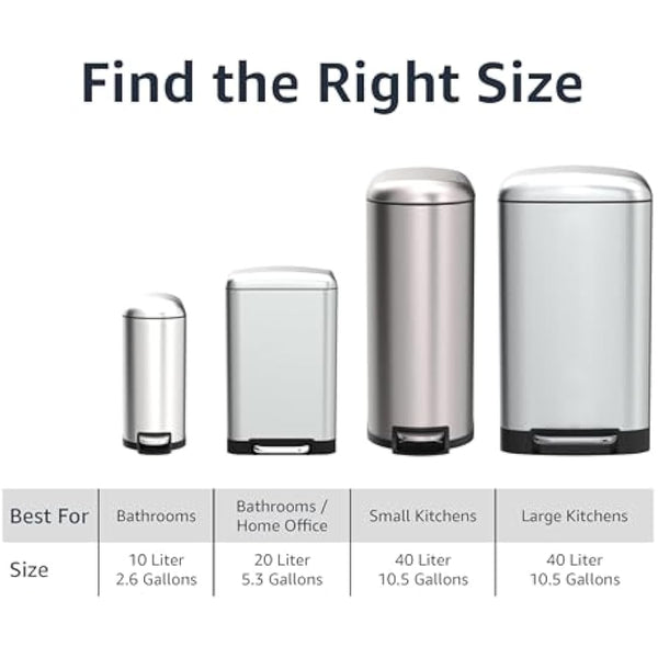 Amazon Basics Smudge Resistant Small D-Shaped Trash Can With Soft-Close Foot Pedal for Bathroom,Bedroom or Living room, Slim shape for narrow space, 10 l /2.6 gallons, Brushed Stainless Steel