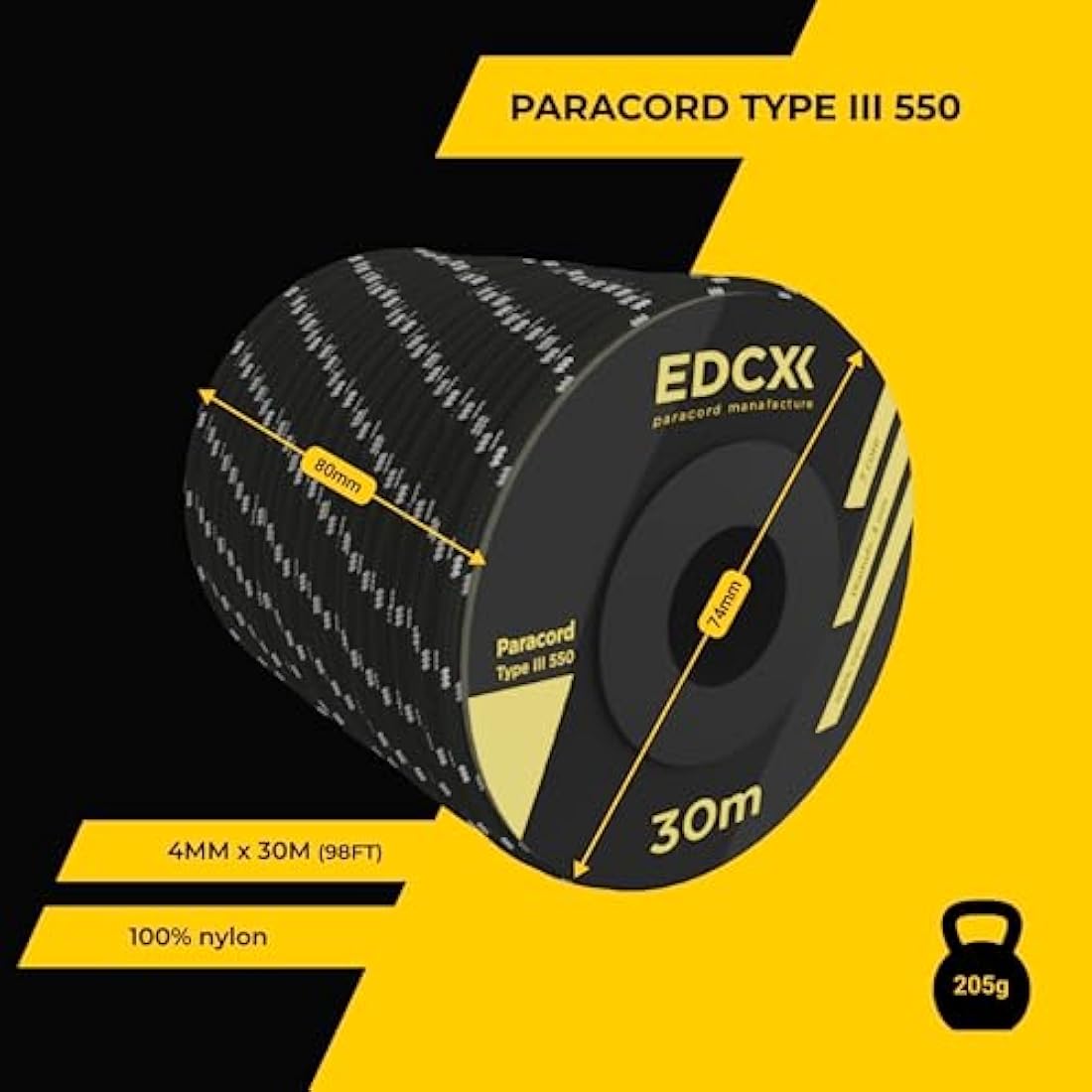 EdcX 4mm Rope 550 - Type III, 100% Rope, 7 Strand Rope, 4mm Rope in Solid Colors