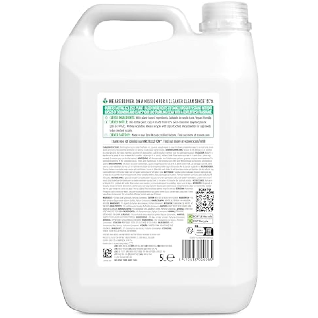 Ecover Toilet Cleaner Refill, Removes Limescale leaving a Sparkling Clean, Fresh Pine & Mint Scent, 1 x 5L