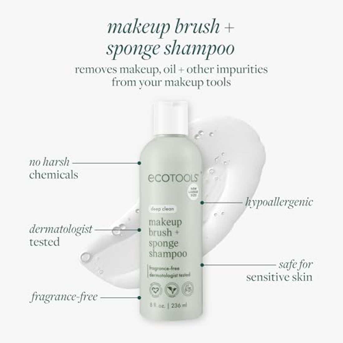 EcoTools Makeup Brush and Sponge Shampoo, Removes Makeup, Dirt, & Impurities From Makeup Brushes & Makeup Blending Sponges, Fragrance-Free, Vegan, & Cruelty-Free, 6 fl.oz./ 177 ml, 1 Count