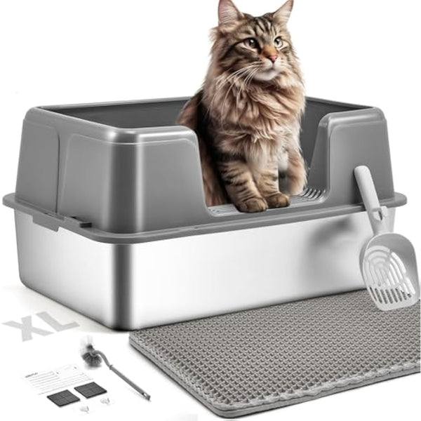 Papettly Extra Large Stainless Steel Litter Box, 36L Cat Litter Tray with Splash-Proof Lid, Easy Cleaning Odor-Less XL Cat Litter Tray with Double Layer Litter Mat, Litter Scoop, Brush, 60x40x31CM