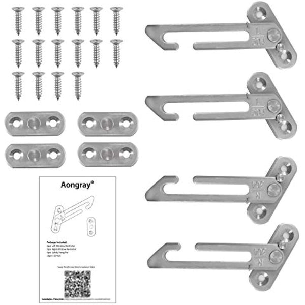 2 Pairs Window Restrictors Locks,Aongray Window Restrictor Hook Window for UPVC Stainless Steel 304 Security Lock Child Lock Restrictor Catch Safety Catch with Screws (Silver,2 Pairs)