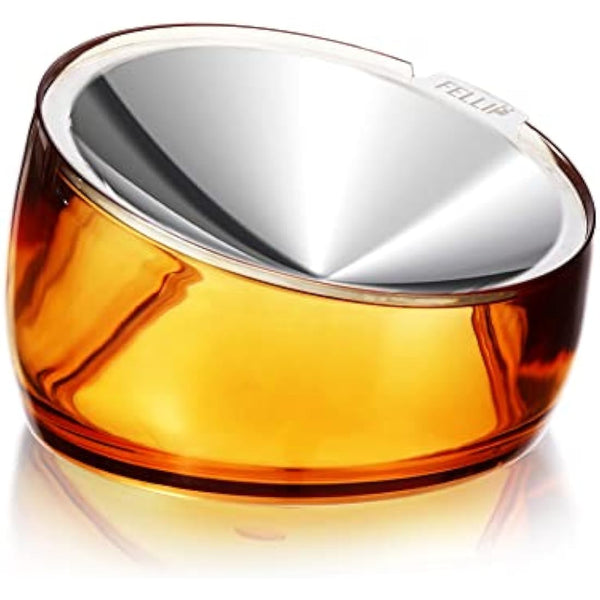 Felli Pet Whisker Stress Friendly Raised Angled Cat Wet Food Bowl Stainless Steel Shallow Dish Tilted, Anti Vomit, Slanted Feeding Plate Metal Elevated Acrylic Flat Faced Dog (0.5 Cups, Gold)