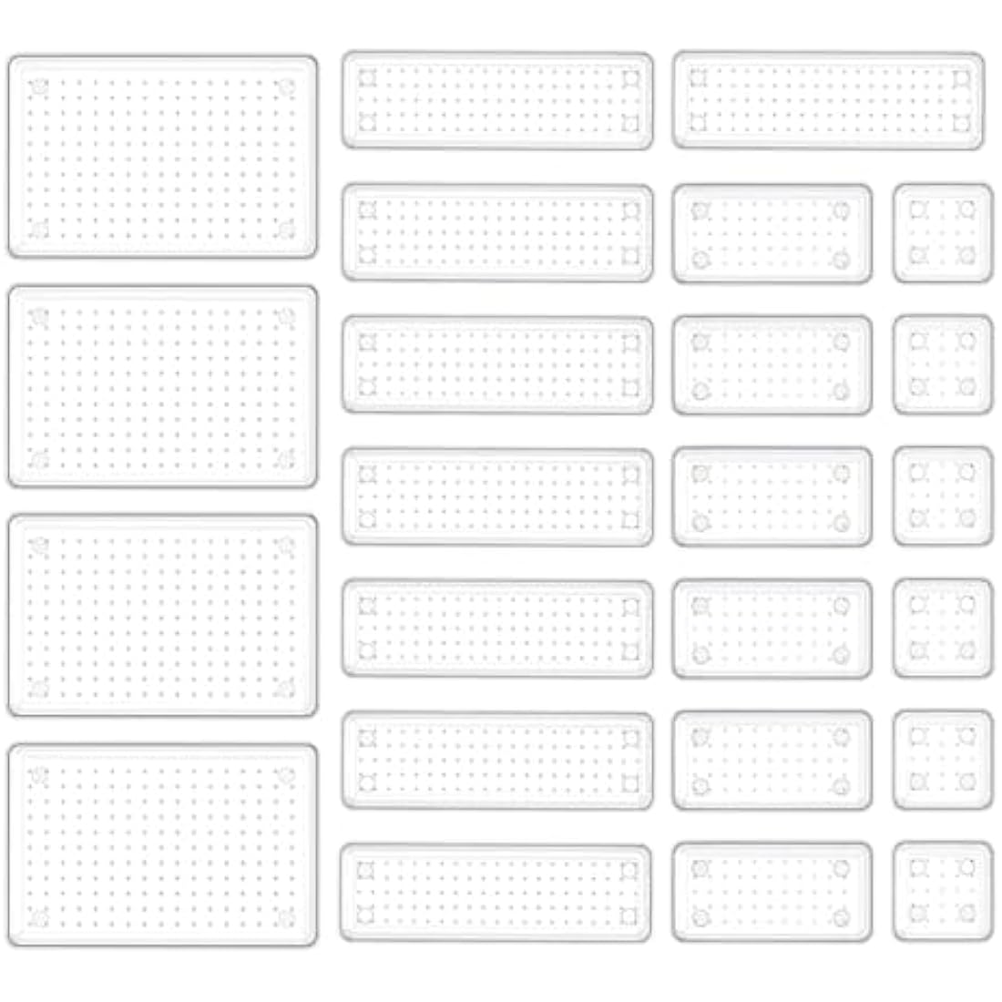 HOUSE DAY Makeup Drawer Organiser Trays 24 PCS, 4-Size Clear Drawer Organisers with Silicone Pads, Vanity Organisers and Storage, Non Slip Plastic Drawer Organiser for Desk, Bathroom, Kitchen, Office