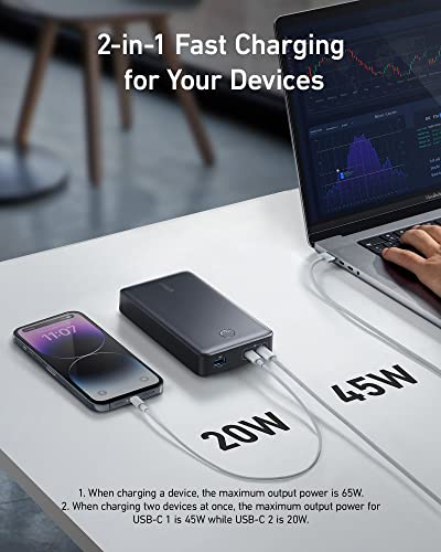 Anker Power Bank, 24,000mAh 65W Portable Charger, 537 Power Bank (PowerCore 24K for Laptop), for Dell XPS, Microsoft Surface, iPad Pro, iPhone 16/16 Plus/16 Pro/16 Pro Max/15/14/13 Series, and More