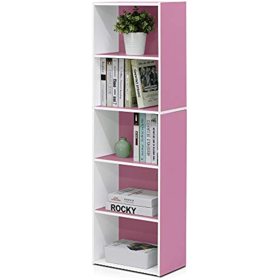 Furinno Luder 5-Tier Reversible Color Open Shelf Bookcase, White/Pink