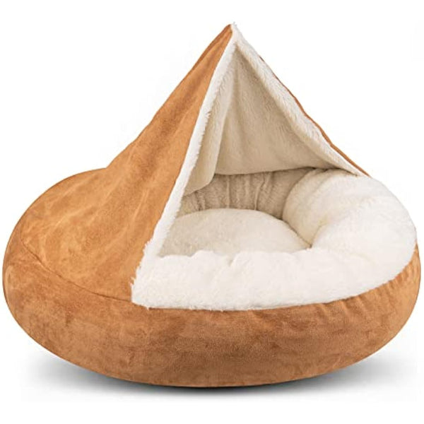 MICOOYO Hooded Dog Bed Large， Cozy Donut Dog Blanket Bed for Doggie, Claming Pet Caved Bed for Cats Puppies (Large, Wheat)