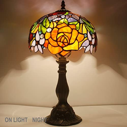 4MYHOME Tiffany Style Table Lamp Stained Glass Bedside Lamp Red Rose Desk Reading Light 10X10X18 Inches Decor Bedroom Living Room Home Office S001 Series