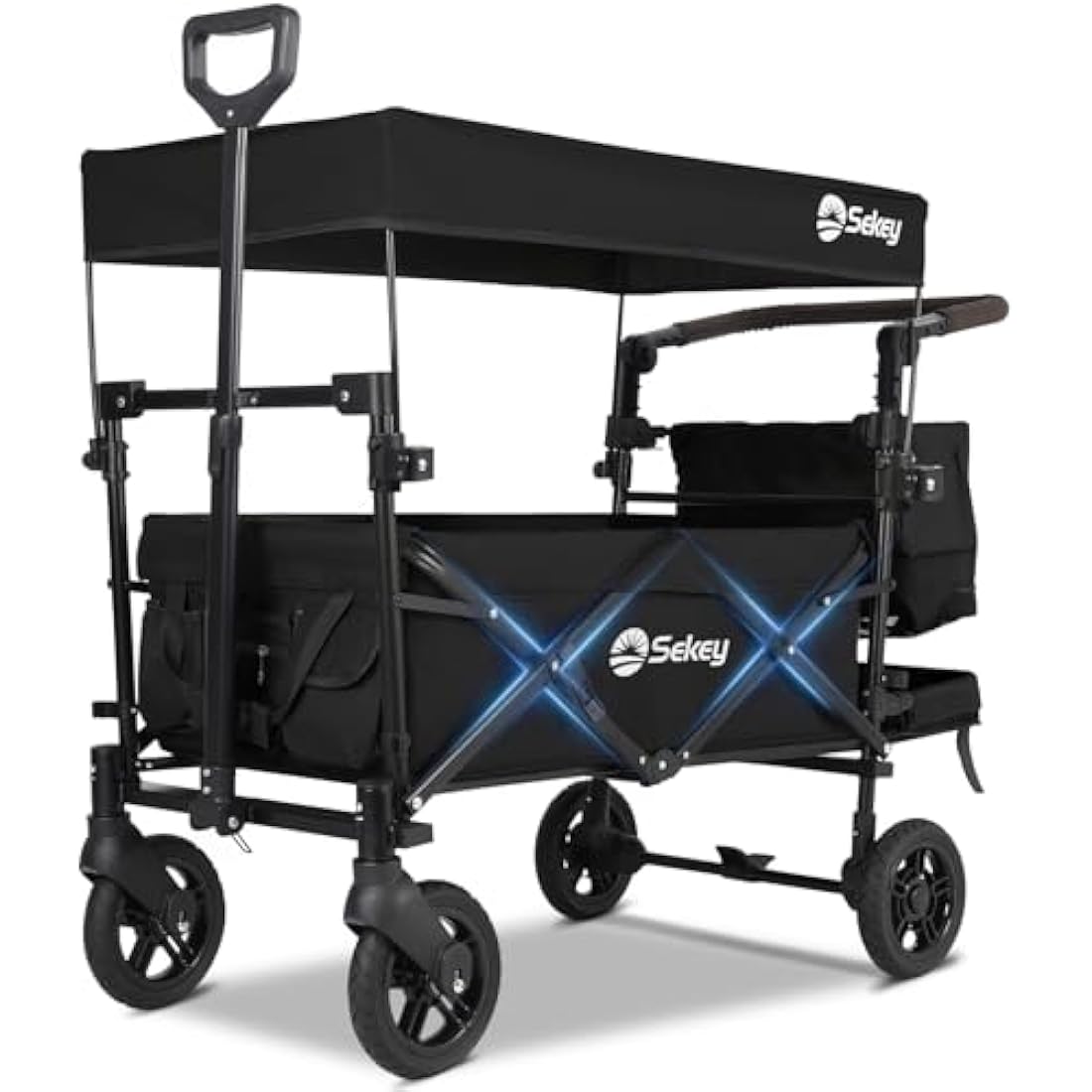 Sekey Kids Folding Handcart Wagon with Removable Canopy, Versatile Foldable Transport Trolley for Family Outings Including Shockproof PU Wheels, 220LBS(100KG) Weight Capacity, Push Handle, Black