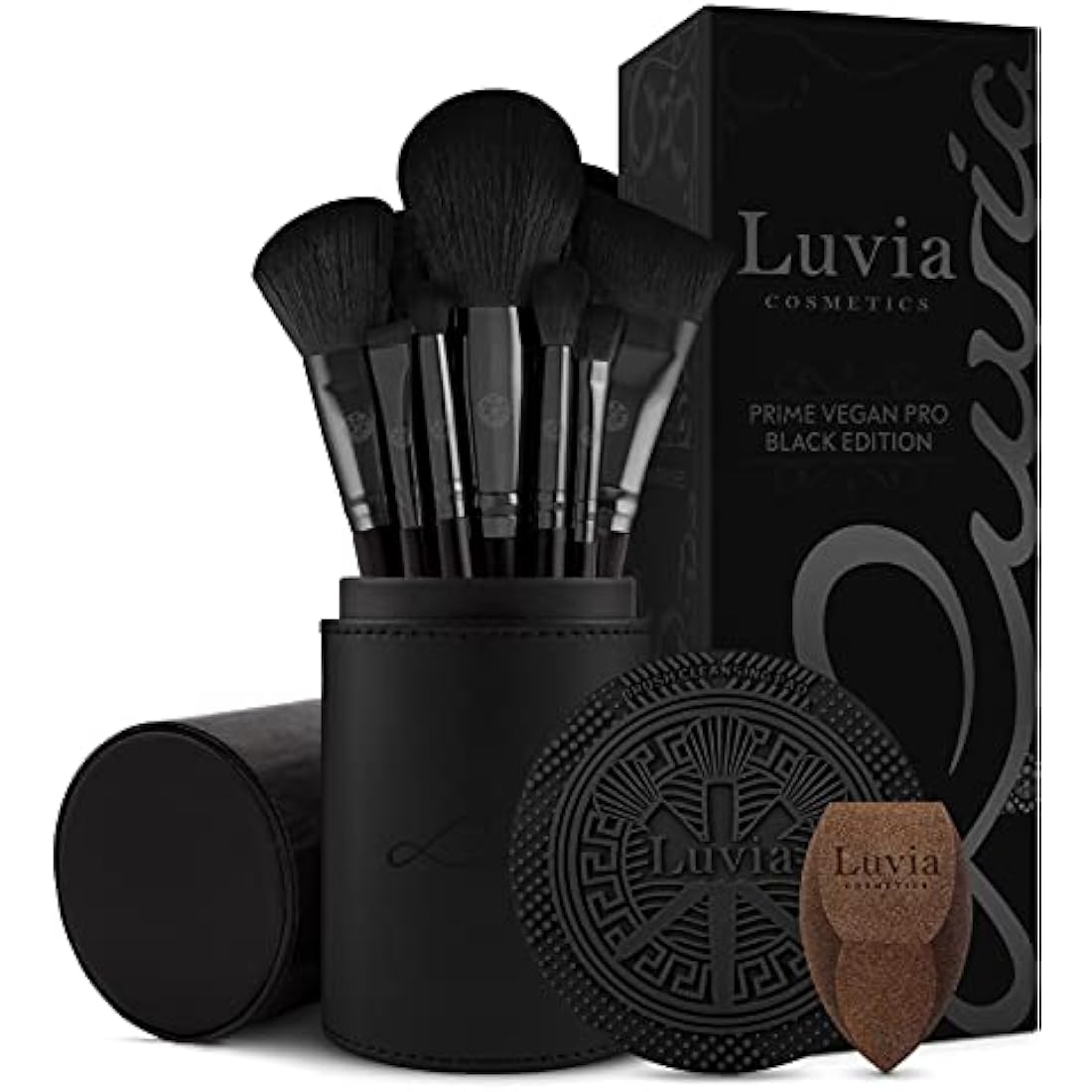 Luvia Prime Vegan Pro Make-Up Brush Set, Black, 12 Makeup Brushes Including Brush Storage, Blender Sponge & Cleaning Mat for Cosmetic Brushes, Black & Rose Gold