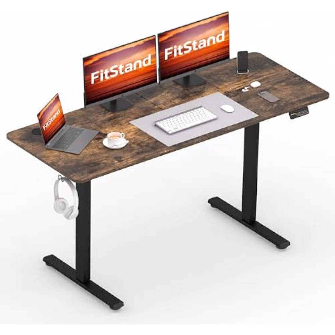 FitStand FQ1 140x60cm Electric Height Adjustable Standing Desk, Sit Stand Desk, Computer Desk With Hooks, Child Lock, Memory Function, Suitable For Office And Home - Rustic Brown