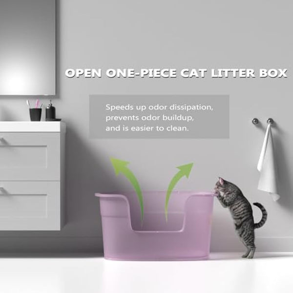 Extra Large Cat Litter Tray, 63cm x 45cm x 33cm Deep, Easy Cleaning, Lowered Entry, Anti-Spillage, Transparent Purple
