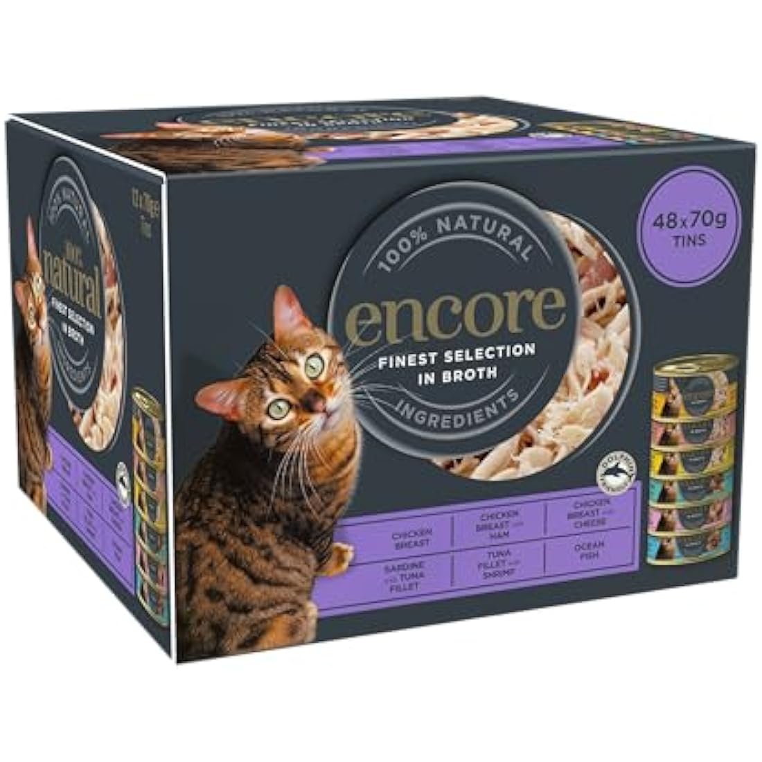 Encore 100 percent Natural Adult Wet Cat Food, Chicken and Fish Selection Bulk Pack in Broth 70 g Tins (Total of 48 Tins)