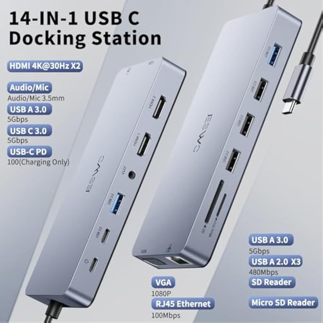 Docking Station Dual Monitor 14-in-1 USB C Hub with 3 Displays, USB-C Dock Multiport Adapter to 2 HDMI,VGA, Ethernet,6 USB A/C 3.0 Ports,100W PD,Audio,SD/TF, Docking Stations for Dell HP Laptop
