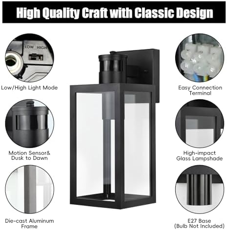 Aranzyec 2 X Motion Sensor Outdoor Wall Lights, Upgrade Dusk to Dawn Wall Sconce, Waterproof Porch Light Fixtures Wall Mount for Entryway Doorway Garage, E27 Socket, PIR Motion Activated