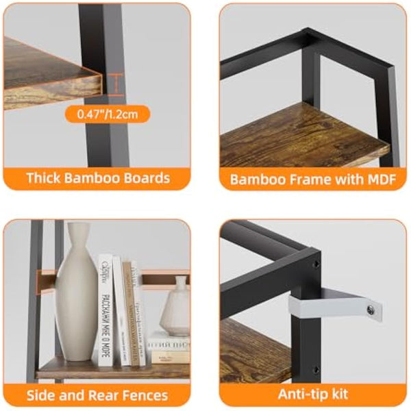 HITNET Ladder Shelf, 4 Tier Bookshelf, Freestanding Bathroom Storage Shelving Unit with Bamboo Frame for Living Room, Home Office, Bedroom, Rustic Brown and Black